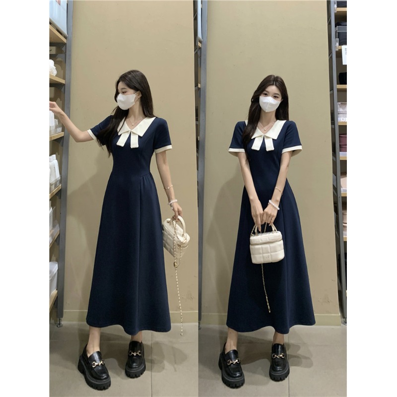 大码胖mm学院风撞色娃娃领连衣裙女夏季新款休闲显瘦洋气减龄长裙