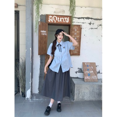 大码胖mm日系学院风蝴蝶结花边衬衫女夏季新款高腰半身裙显瘦套装