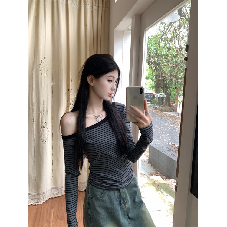 大码胖mm韩系复古斜肩条纹长袖T恤女夏季新款修身休闲百搭上衣ins