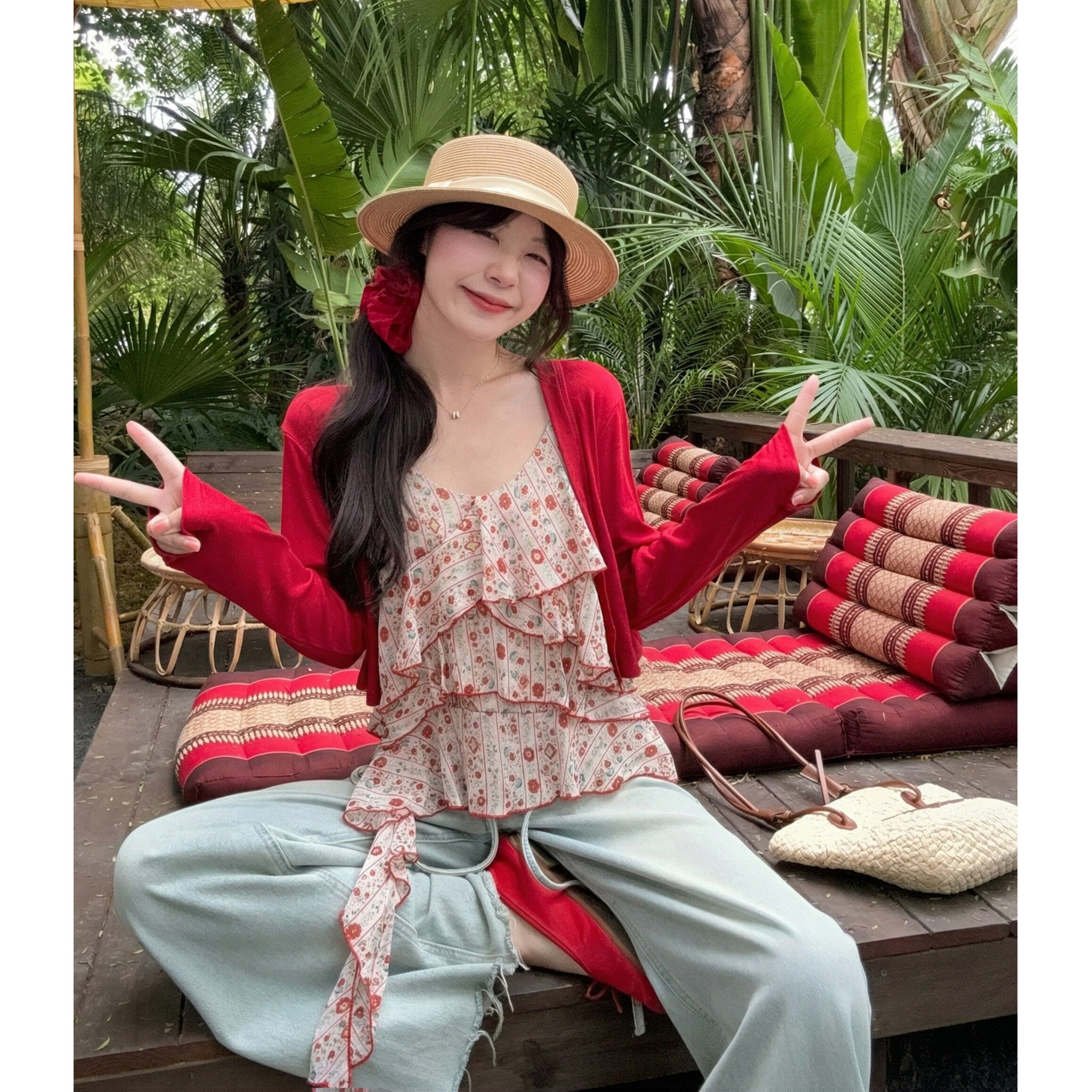 大码胖mm韩系不规则荷叶边碎花吊带背心女氛围感遮肉显瘦无袖上衣