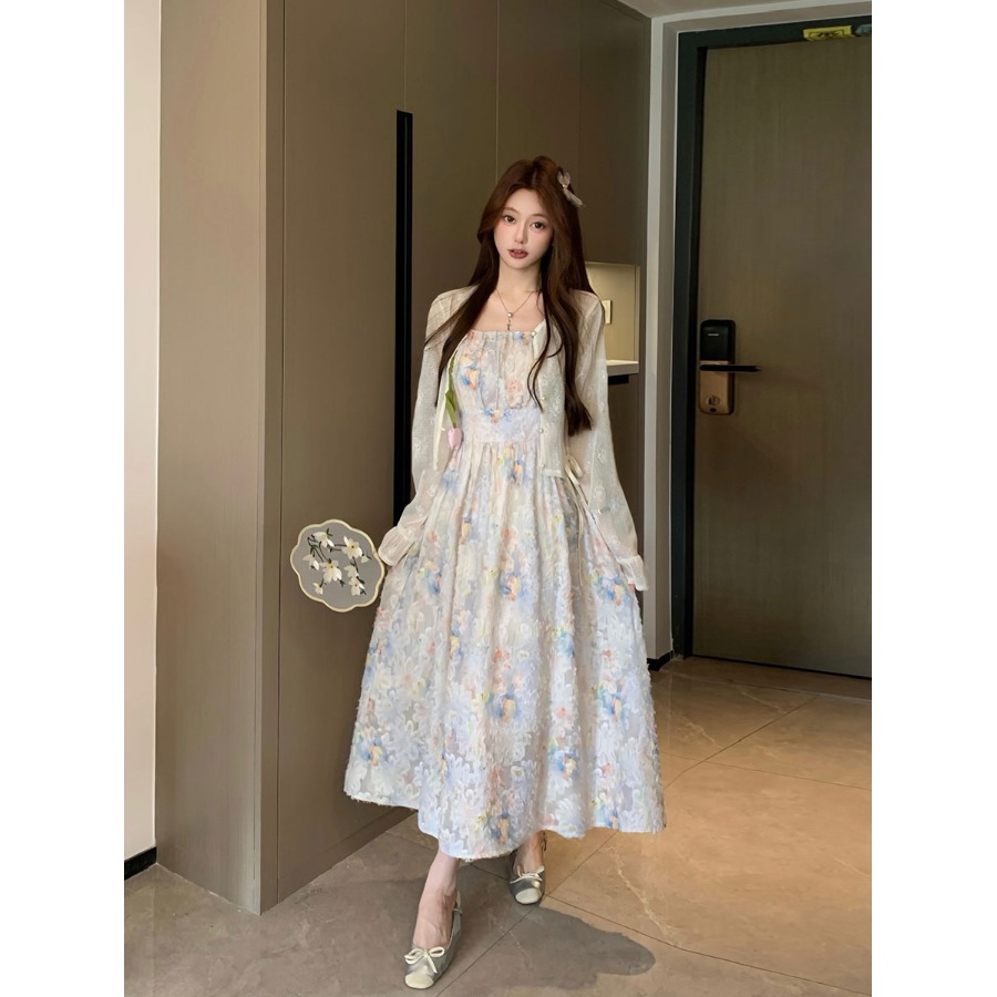 大码胖mm多巴胺彩色碎花郁金香吊带连衣裙女新款遮肉蕾丝开衫套装