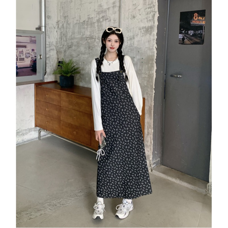 大码胖mm韩系碎花牛仔背带裙女秋季新款复古减龄小个子直筒连衣裙