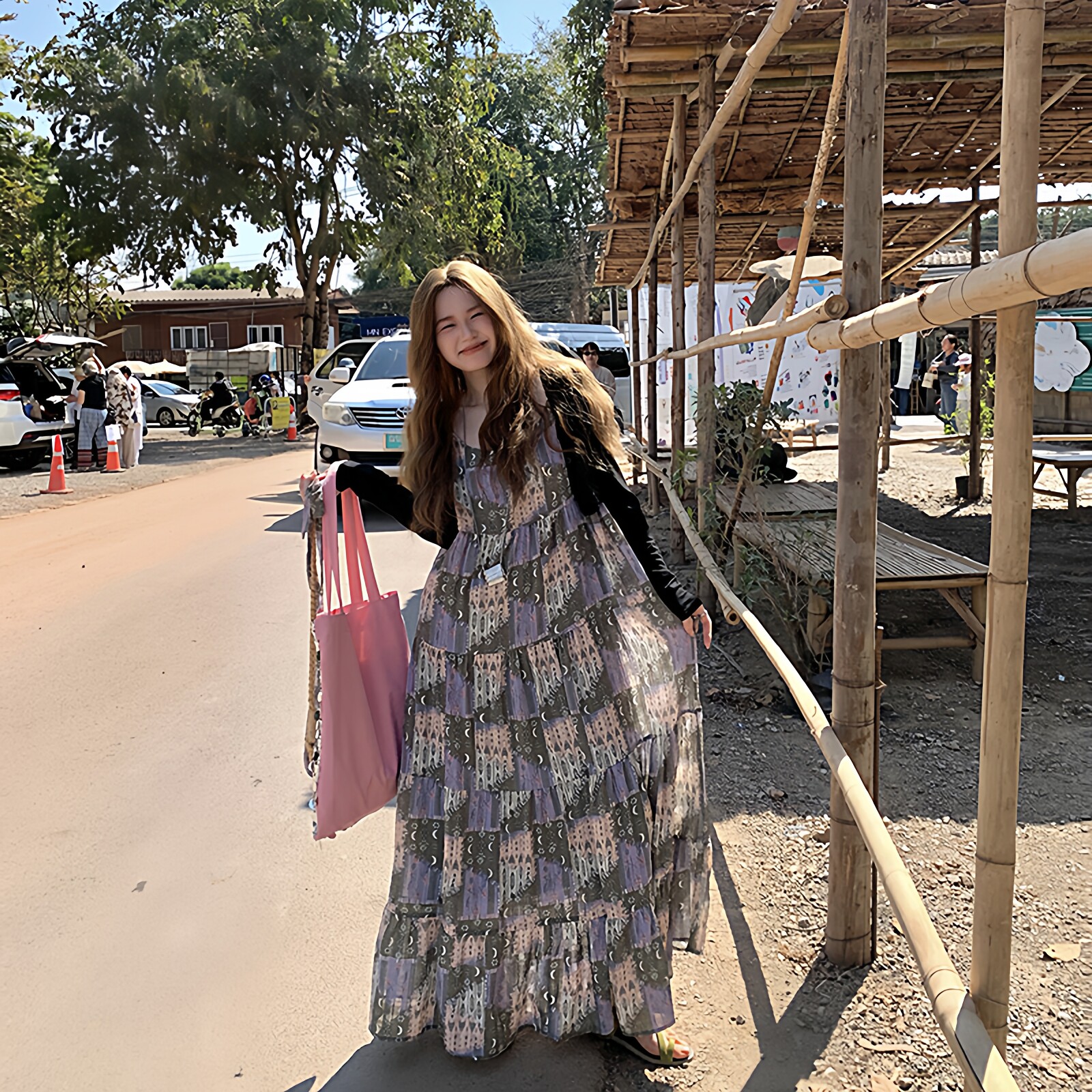 胖MM文艺风宽松遮肉印花吊带连衣裙女夏日绝美松弛感穿搭一整套装