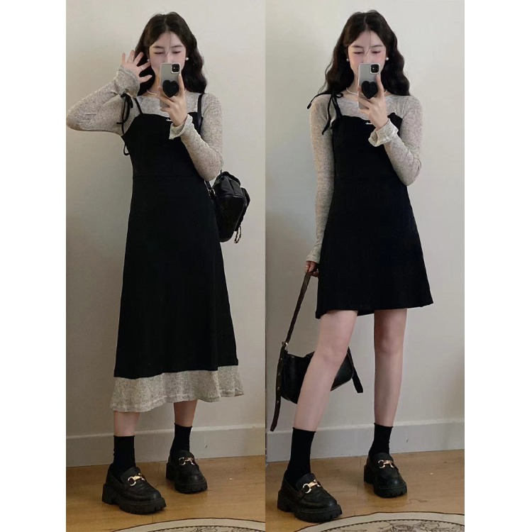 大码胖mm韩系减龄假两件连衣裙女秋季新款小个子超好看显瘦小黑裙
