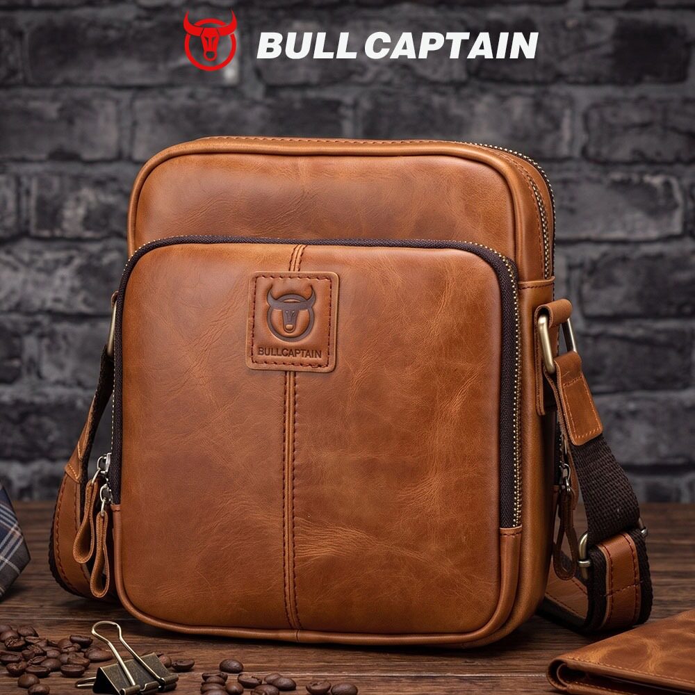 BULLCAPTAIN 头层牛皮新款单肩斜挎复古包真皮男士多功能护脊防刮