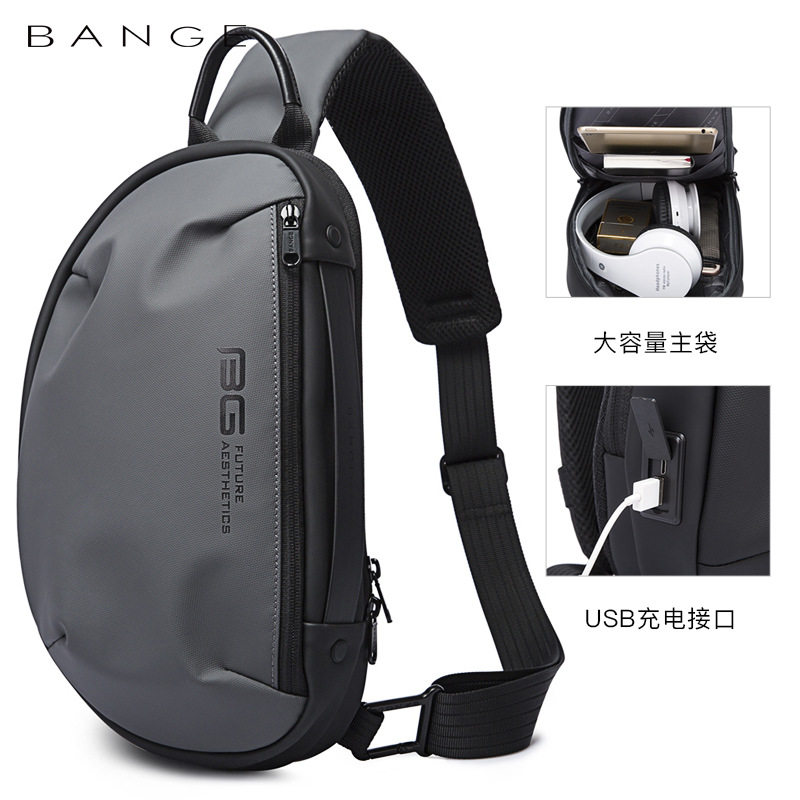 BANGE班歌胸包新款单肩包男士休闲防水斜挎包韩版usb充电机车男包