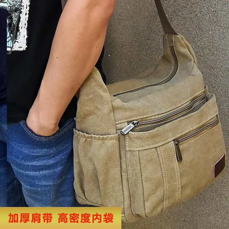 精品男包帆布男士休闲包包单肩包斜跨背包横款简约A4多功能斜挎包