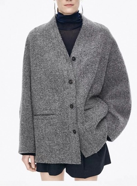 JNB同源 百搭通勤灰色绵羊毛呢大衣外套