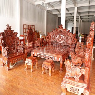 缅甸花梨大果紫檀大龙宝鼎红木沙发明清古典宝座沙发中式龙椅沙发