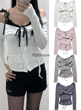 【现货】NEWALRIN郑雅贤同款蝴蝶结露肩系带开衫叠穿修身长袖上衣