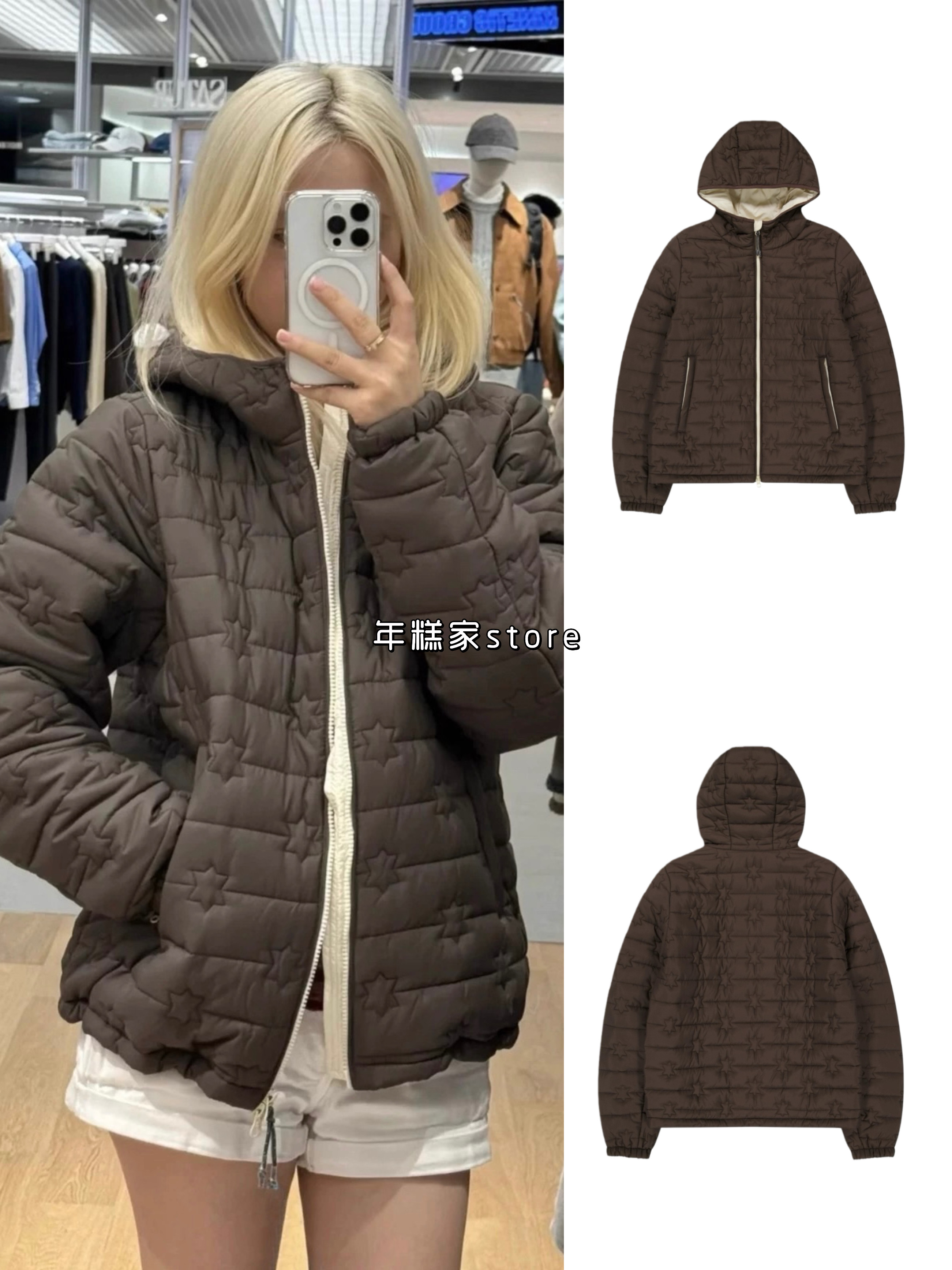 现/韩国小众coyseio同款星星图案冬季加厚保暖休闲百搭棉服外套