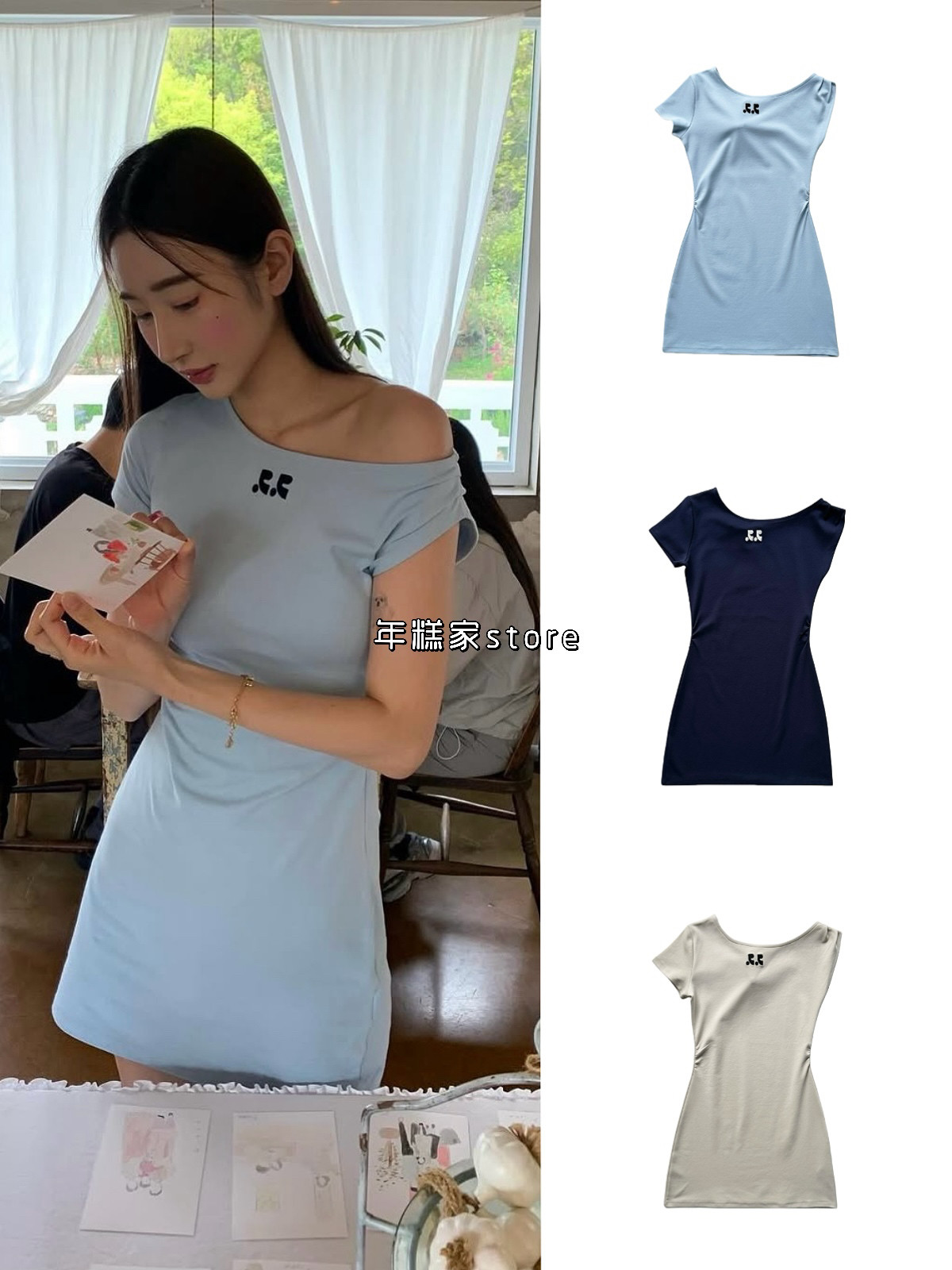 现/韩国RR同款夏季新款不对称斜肩短袖连衣裙女修身显瘦包臀短裙