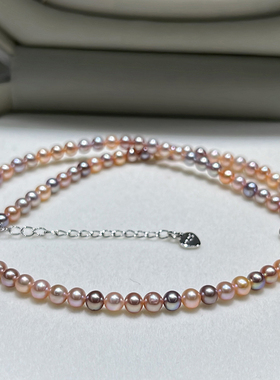 天然淡水混彩珍珠项链糖果色近正圆极强光锁骨链轻奢送礼妈妈珠串