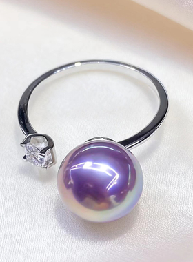 天然淡水紫色爱迪生珍珠戒指女正圆极光精工S925银活口款简约轻奢
