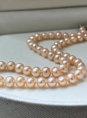 天然中国红淡水珍珠项链女近圆镜面极强光锁骨颈链珠串妈妈链送礼