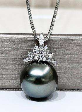 天然海水大溪地黑珍珠吊坠单颗正圆极强光925银冰雪女王款女项链