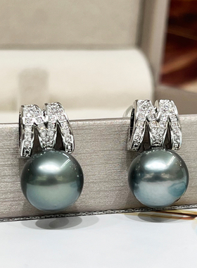 天然海水大溪地黑珍珠耳钉正圆极强光925银镶嵌女耳环轻奢耳饰