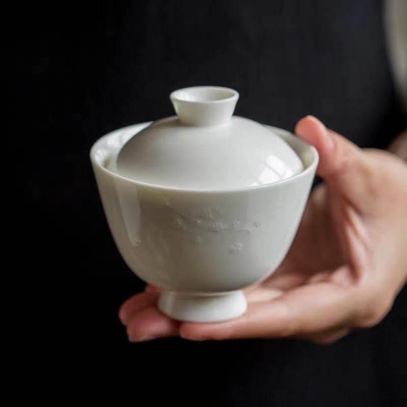 90年代德化白瓷盖碗台湾敦睦窑浮雕梅花竹纹饰盖碗泡茶碗功夫茶道