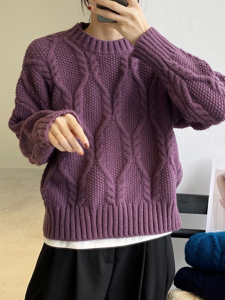 小个子复古紫色软奶麻花毛衣女秋冬外穿宽松短款套头加厚针织上衣