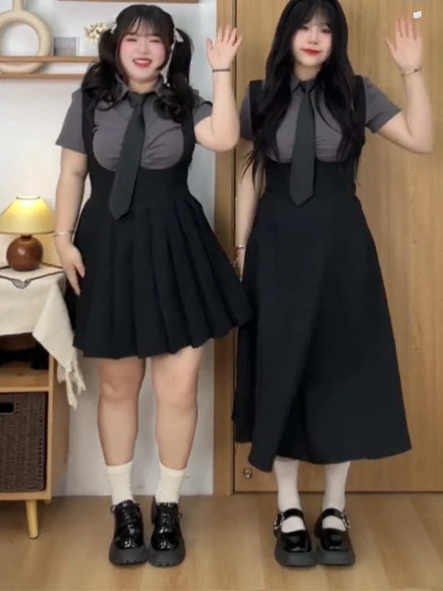 大码胖MM甜酷辣妹学院风套装夏季领带衬衫+收腰百褶连衣裙两件套