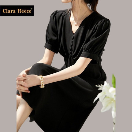 CLARA REECE高端泡泡袖连衣裙2026女装新款裙子夏季料桔梗v领长裙