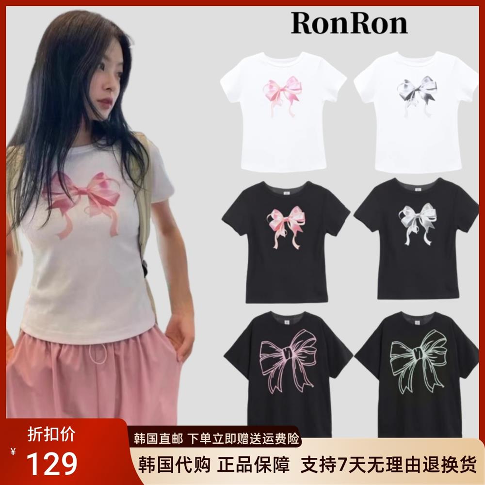 韩国正品ronron蝴蝶结短袖Jennie金智妮同款宽松圆领纯棉百搭上衣 女装/女士精品 T恤 原图主图