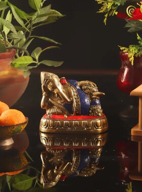 印度国际直邮手工制作Ganesha黄铜休息象头神雕像5英寸