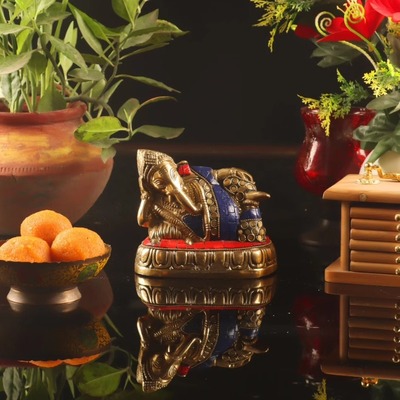 印度国际直邮手工制作Ganesha黄铜休息象头神雕像5英寸