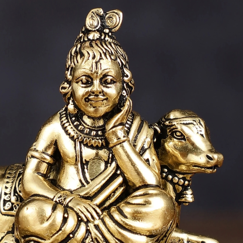 Krishna与牛像精细迷你精雕