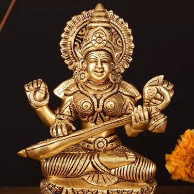 印度国际直邮黄铜细Saraswati萨拉斯瓦蒂偶像 - 7 英寸