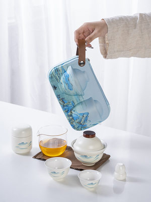便捷式旅行茶具套装千里江山过滤玻璃隔热茶水分离泡茶轻奢快客杯