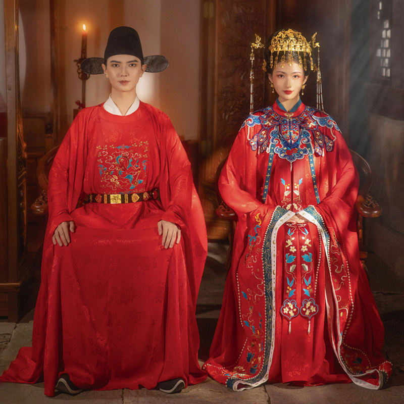 中国风汉服无衣饮羽婚服明制圆领