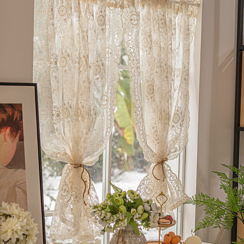 免打孔蕾丝刺绣纱帘奶油隔断半帘