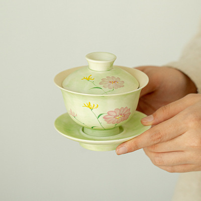 手绘釉下彩清漪雏菊三才盖碗