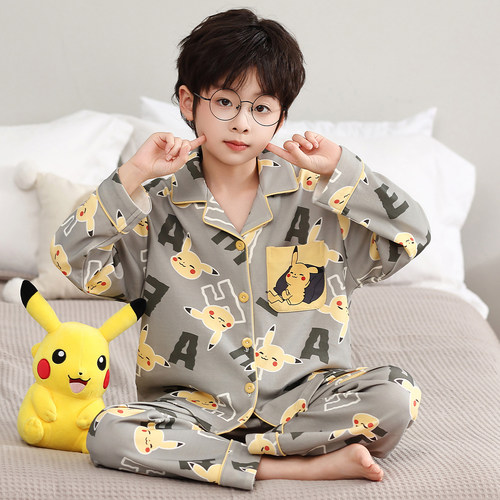 儿童春秋季睡衣新款男童长袖卡通皮卡丘开衫儿童男孩家居服套装