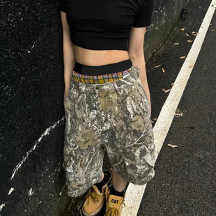 美式复古街头迷彩树枝工装短裤男女cleanfit宽松直筒情侣五分裤潮