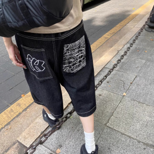 美式复古黑色刺绣牛仔七分裤男女vibe街头夏季宽松情侣直筒短裤潮