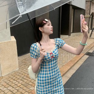 EIA一尧海盐泡芙韩系格纹连衣裙女夏甜美温柔拼接蕾丝公主裙