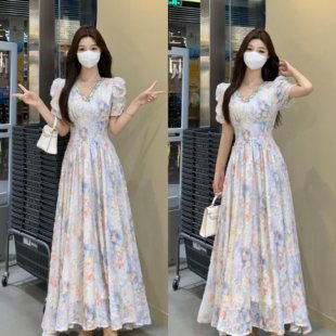 绝美仙女长裙 实拍大码 法式 甜美风碎花连衣裙高腰显瘦夏季 新款