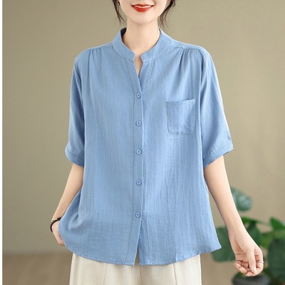 广东普宁短袖衬衫女夏2025新款妈妈夏装棉绸女装中袖上衣高端洋气