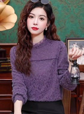 法式紫色磨毛蕾丝上衣秋冬新款加绒打底衫女气质保暖内搭外穿小衫