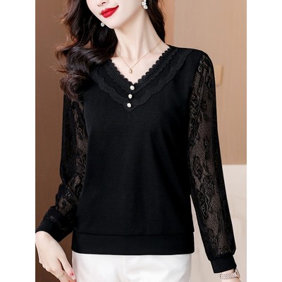 黑色蕾丝打底衫女2025秋冬新款今年流行爆款妈妈长袖t恤洋气上衣