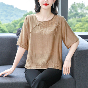 短袖棉麻刺绣衬衫女2026年夏季新款斜襟盘扣套头拼接小衫亚麻上衣