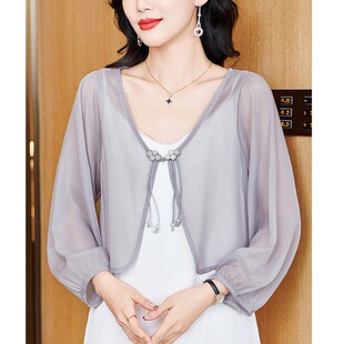 网纱防晒开衫夏季披肩短款高级感小外套配吊带裙的罩衫女中袖上衣
