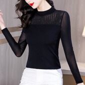 内搭小衫 半高领黑色蕾丝网纱打底衫 修身 新款 显瘦洋气上衣 女士春装