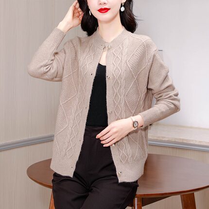 小个子麻花毛衣外套女秋冬季新款妈妈装加厚外搭长袖针织开衫上衣