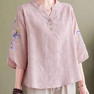 中老年妈妈装 洋气胖mm大码 高端棉麻亚麻套装 夏款 两件套女夏季 新款