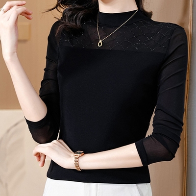 黑色网纱打底衫女长袖2025新款春秋冬半高领时髦洋气内搭蕾丝上衣