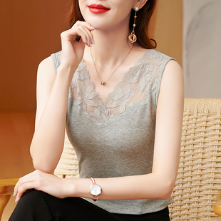新款 大码 上衣2026夏季 女士无袖 吊带背心女妈妈内搭外穿蕾丝打底衫