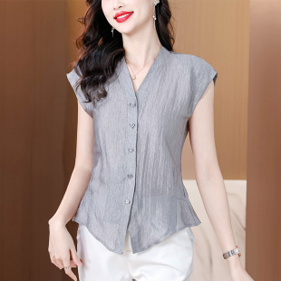 时尚 新款 气质收腰无袖 女夏装 洋气显瘦V领单排扣背心上衣 衬衫 法式